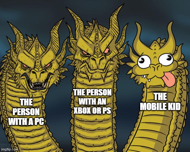 yo game | THE PERSON WITH AN XBOX OR PS; THE MOBILE KID; THE PERSON WITH A PC | image tagged in three-headed dragon | made w/ Imgflip meme maker