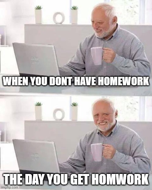 homwork pov | WHEN YOU DONT HAVE HOMEWORK; THE DAY YOU GET HOMWORK | image tagged in memes,hide the pain harold | made w/ Imgflip meme maker