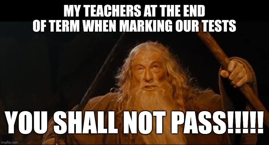 You shall not pass | MY TEACHERS AT THE END OF TERM WHEN MARKING OUR TESTS; YOU SHALL NOT PASS!!!!! | image tagged in gandalf you shall not pass | made w/ Imgflip meme maker