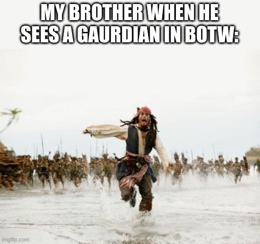 ... | MY BROTHER WHEN HE SEES A GAURDIAN IN BOTW: | image tagged in memes,jack sparrow being chased | made w/ Imgflip meme maker
