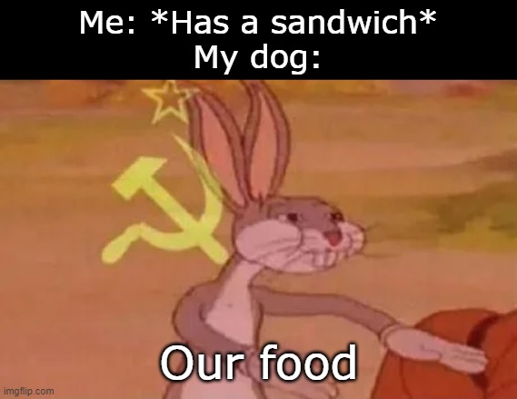dogs... |  Me: *Has a sandwich*
My dog:; Our food | image tagged in bugs bunny communist | made w/ Imgflip meme maker