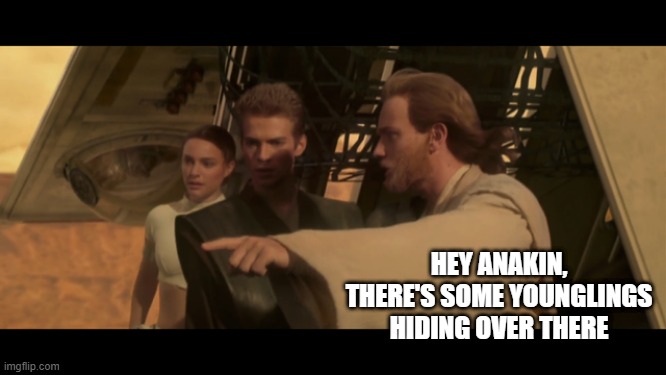 Kill Em! | HEY ANAKIN, THERE'S SOME YOUNGLINGS HIDING OVER THERE | image tagged in star wars | made w/ Imgflip meme maker