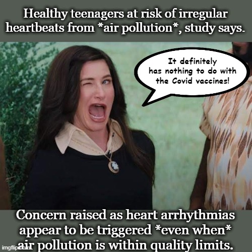 Apparently there wasn't any air pollution before Covid-19. |  Healthy teenagers at risk of irregular heartbeats from *air pollution*, study says. It definitely has nothing to do with the Covid vaccines! Concern raised as heart arrhythmias appear to be triggered *even when* air pollution is within quality limits. | image tagged in covid vaccine,covidiots,side effects,death | made w/ Imgflip meme maker
