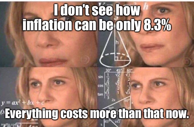Math lady/Confused lady | I don’t see how inflation can be only 8.3% Everything costs more than that now. | image tagged in math lady/confused lady | made w/ Imgflip meme maker