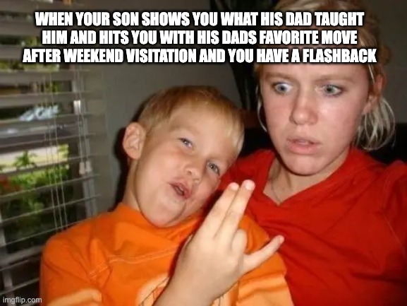 Look what daddy taught me - rohb/rupe | WHEN YOUR SON SHOWS YOU WHAT HIS DAD TAUGHT HIM AND HITS YOU WITH HIS DADS FAVORITE MOVE AFTER WEEKEND VISITATION AND YOU HAVE A FLASHBACK | image tagged in shocker,mommy wants the shocker | made w/ Imgflip meme maker