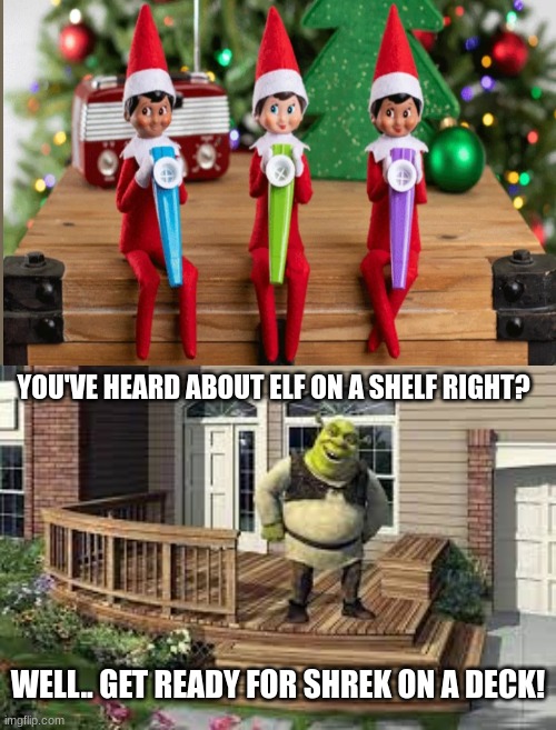 SHREk wreck boiii | YOU'VE HEARD ABOUT ELF ON A SHELF RIGHT? WELL.. GET READY FOR SHREK ON A DECK! | image tagged in shrek | made w/ Imgflip meme maker