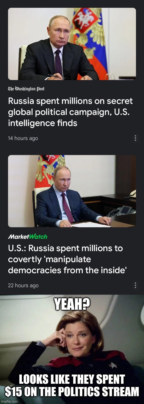 YEAH? LOOKS LIKE THEY SPENT $15 ON THE POLITICS STREAM | image tagged in wry janeway,putin fail,russian bots,politics stream kids,wasted money,told you | made w/ Imgflip meme maker