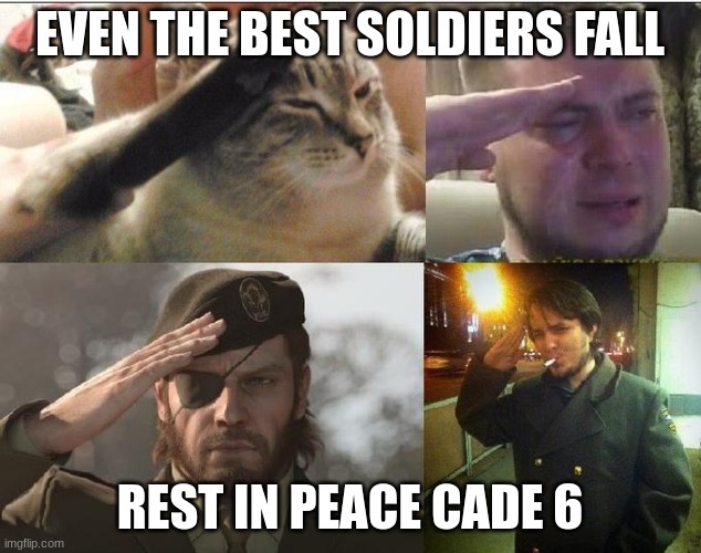 sad gammer moment | EVEN THE BEST SOLDIERS FALL; REST IN PEACE CADE 6 | image tagged in sad salute | made w/ Imgflip meme maker
