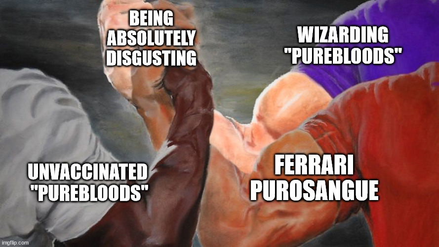 Epic Handshake Three Way | BEING ABSOLUTELY DISGUSTING; WIZARDING "PUREBLOODS"; FERRARI PUROSANGUE; UNVACCINATED 
"PUREBLOODS" | image tagged in epic handshake three way | made w/ Imgflip meme maker