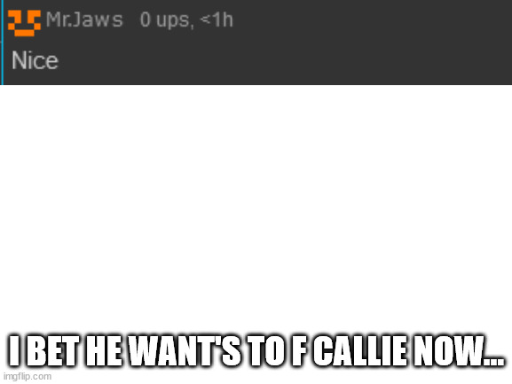https://imgflip.com/i/6tdfuc og post (note: link fixed) | I BET HE WANT'S TO F CALLIE NOW... | image tagged in blank white template | made w/ Imgflip meme maker