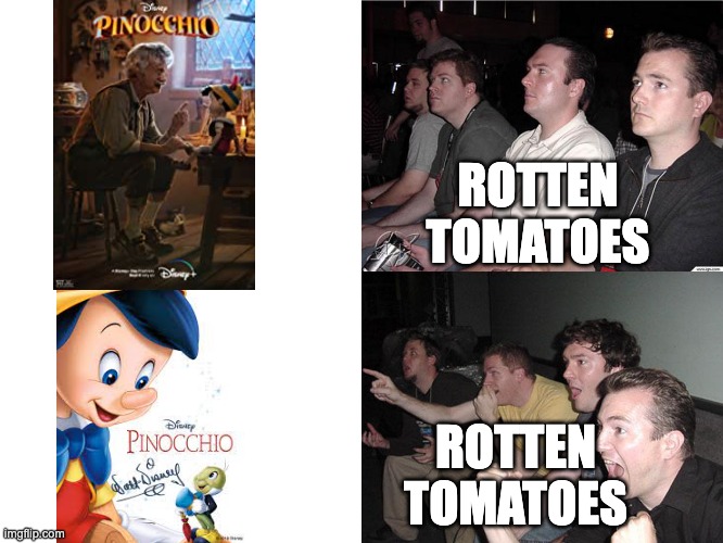 straight into the wood pile | ROTTEN TOMATOES; ROTTEN TOMATOES | image tagged in reaction guys,pinocchio | made w/ Imgflip meme maker