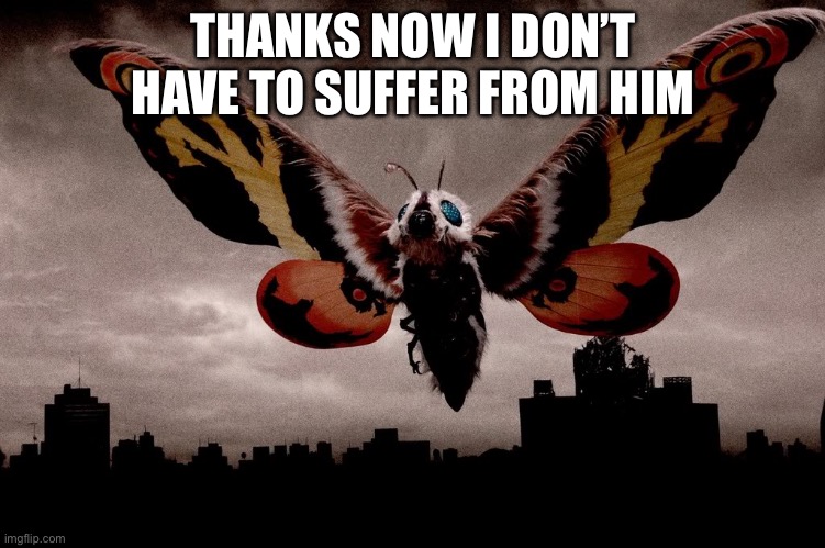 Mothra | THANKS NOW I DON’T HAVE TO SUFFER FROM HIM | image tagged in mothra | made w/ Imgflip meme maker