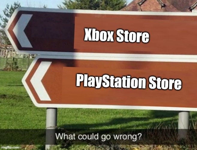 What could go wrong | Xbox Store; PlayStation Store | image tagged in what could go wrong | made w/ Imgflip meme maker