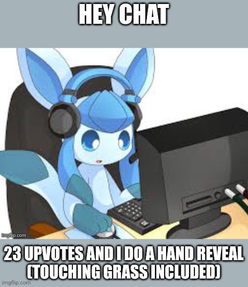 gaming glaceon | HEY CHAT; 23 UPVOTES AND I DO A HAND REVEAL
(TOUCHING GRASS INCLUDED) | image tagged in gaming glaceon | made w/ Imgflip meme maker