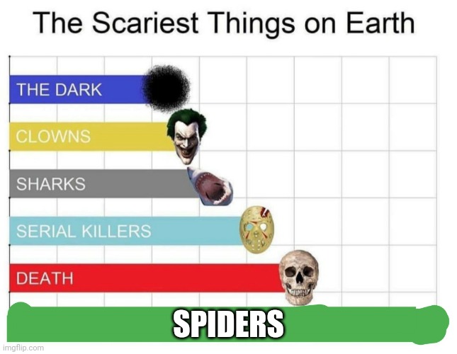 scariest things on earth |  SPIDERS | image tagged in scariest things on earth | made w/ Imgflip meme maker