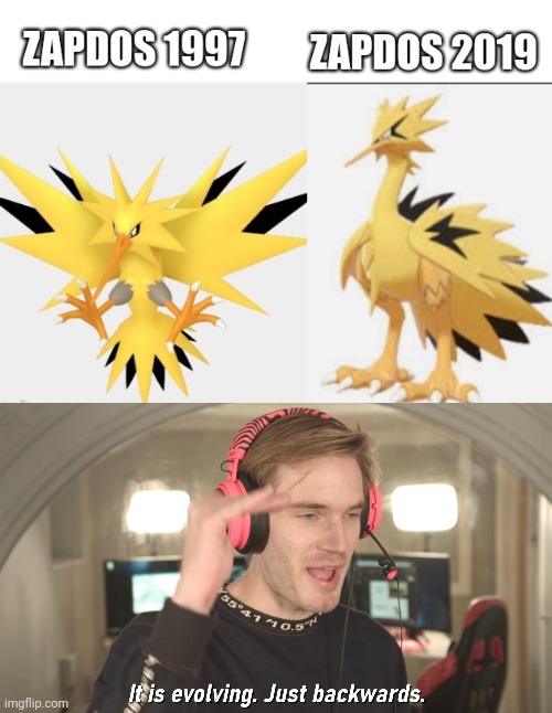 The second zapdos is a shiny galarian zapdos | image tagged in its evolving just backwards | made w/ Imgflip meme maker