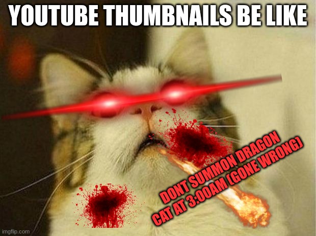 Youtube thumbnails be like | YOUTUBE THUMBNAILS BE LIKE; DONT SUMMON DRAGON CAT AT 3:00AM (GONE WRONG) | image tagged in memes,scared cat | made w/ Imgflip meme maker