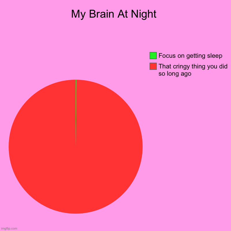 My Brain At Night | My Brain At Night | That cringy thing you did so long ago, Focus on getting sleep | image tagged in charts,pie charts | made w/ Imgflip chart maker