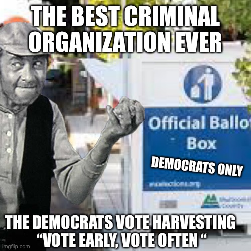 Dem’s da facts | THE BEST CRIMINAL ORGANIZATION EVER; DEMOCRATS ONLY; THE DEMOCRATS VOTE HARVESTING 
“VOTE EARLY, VOTE OFTEN “ | image tagged in democrats vote only,memes | made w/ Imgflip meme maker