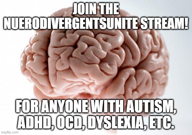 NuerodivergentsUnite | JOIN THE NUERODIVERGENTSUNITE STREAM! FOR ANYONE WITH AUTISM, ADHD, OCD, DYSLEXIA, ETC. | image tagged in brain,autism,ocd,adhd,dyslexia | made w/ Imgflip meme maker