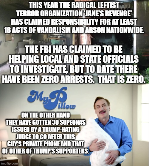 A leftist generated Banana Republic. | THIS YEAR THE RADICAL LEFTIST TERROR ORGANIZATION 'JANE’S REVENGE' HAS CLAIMED RESPONSIBILITY FOR AT LEAST 18 ACTS OF VANDALISM AND ARSON NATIONWIDE. THE FBI HAS CLAIMED TO BE HELPING LOCAL AND STATE OFFICIALS TO INVESTIGATE, BUT TO DATE THERE HAVE BEEN ZERO ARRESTS.  THAT IS ZERO. ON THE OTHER HAND THEY HAVE GOTTEN 30 SUPEONAS ISSUED BY A TRUMP-HATING JUDGE TO GO AFTER THIS GUY'S PRIVATE PHONE AND THAT OF OTHER OF TRUMP'S SUPPORTERS. | image tagged in my pillow | made w/ Imgflip meme maker