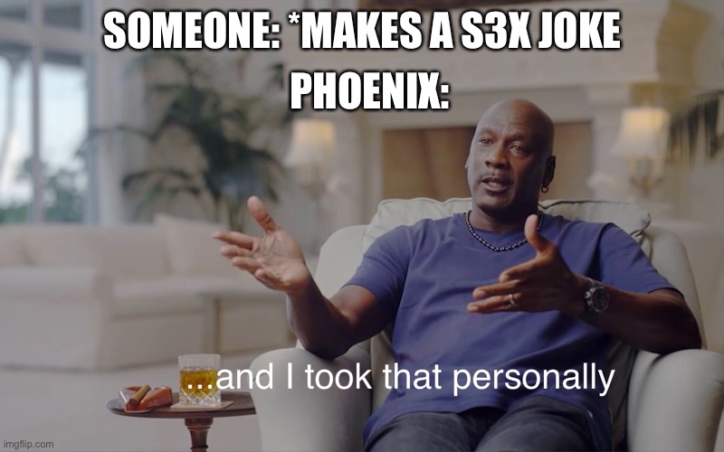 and I took that personally | PHOENIX:; SOMEONE: *MAKES A S3X JOKE | image tagged in and i took that personally | made w/ Imgflip meme maker