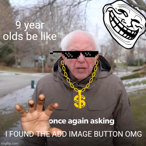 Bernie sanders found the add image button | 9 year olds be like; I FOUND THE ADD IMAGE BUTTON OMG | image tagged in memes | made w/ Imgflip meme maker