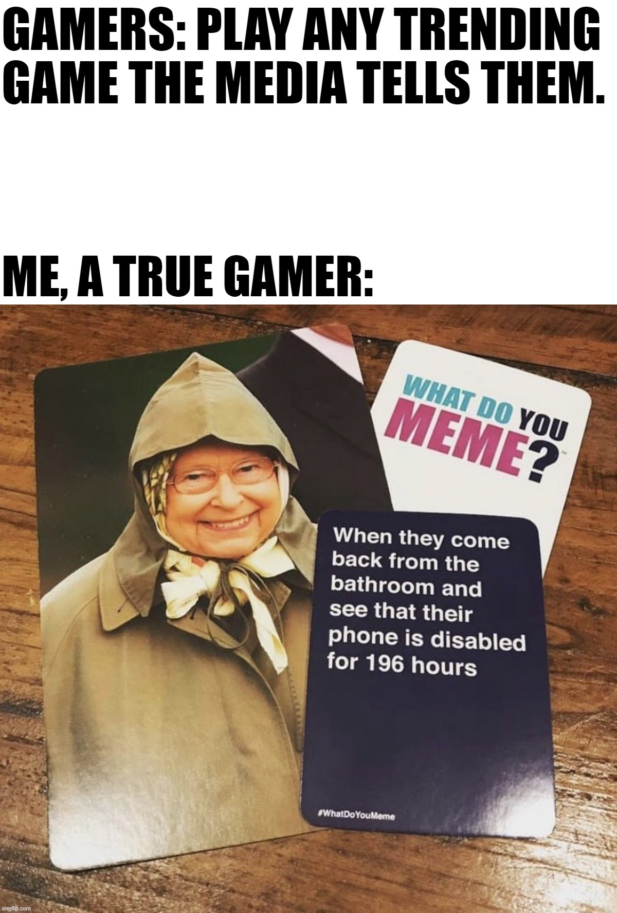 Are you a true gamer? | GAMERS: PLAY ANY TRENDING GAME THE MEDIA TELLS THEM. ME, A TRUE GAMER: | image tagged in memes,funny,gaming,queen elizabeth,gamer | made w/ Imgflip meme maker