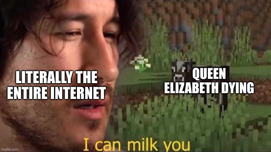 for god sake.. | LITERALLY THE ENTIRE INTERNET; QUEEN ELIZABETH DYING | image tagged in i can milk you template,queen elizabeth,fun | made w/ Imgflip meme maker
