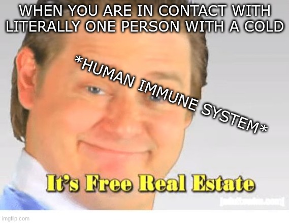 ahhhhh |  WHEN YOU ARE IN CONTACT WITH LITERALLY ONE PERSON WITH A COLD; *HUMAN IMMUNE SYSTEM* | image tagged in it's free real estate | made w/ Imgflip meme maker