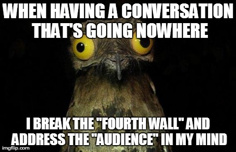 Weird Stuff I Do Potoo | WHEN HAVING A CONVERSATION THAT'S GOING NOWHERE I BREAK THE "FOURTH WALL" AND ADDRESS THE "AUDIENCE" IN MY MIND | image tagged in memes,weird stuff i do potoo,AdviceAnimals | made w/ Imgflip meme maker