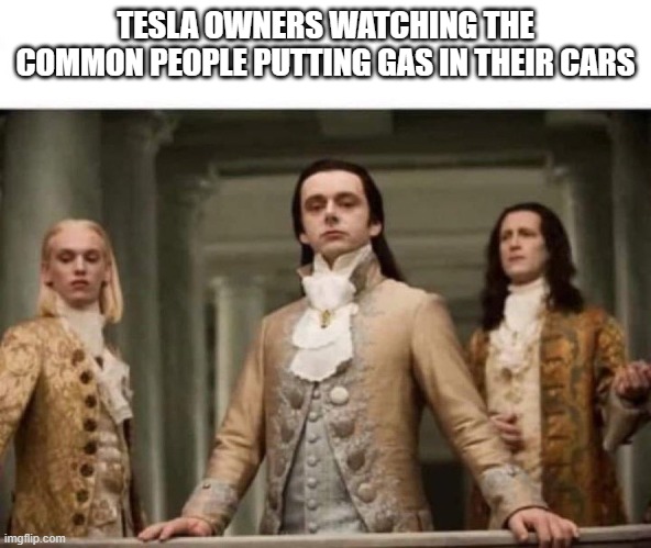 Tesla Owners |  TESLA OWNERS WATCHING THE COMMON PEOPLE PUTTING GAS IN THEIR CARS | image tagged in elon musk,tesla | made w/ Imgflip meme maker