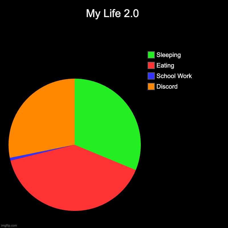 My Life 2.0 | My Life 2.0 | Discord, School Work, Eating, Sleeping | image tagged in charts,pie charts | made w/ Imgflip chart maker