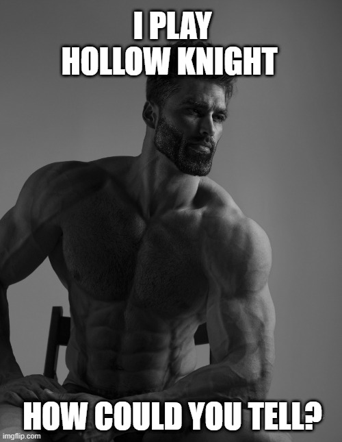 Giga Chad | I PLAY HOLLOW KNIGHT; HOW COULD YOU TELL? | image tagged in giga chad | made w/ Imgflip meme maker