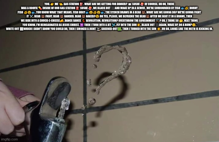 question water | YOU. 👉 ME 👈. GAS STATION ⛽. WHAT ARE WE GETTING FOR DINNER? 🍽 SUSHI 🍣 OF COURSE. UH OH, THERE WAS A ROOFIE 💊 INSIDE OF OUR GAS STATION ⛽ SUSHI 🍣, WE BLACK OUT ⬛AND WAKE UP IN A SEWER . WE'RE SURROUNDED BY FISH 🐟🐠; HORNY FISH 🐠😫🐟. YOU KNOW WHAT THAT MEANS. FISH ORGY🐟😫🐠😫🐟, THE STENCH DRAWS IN A BEAR 🐻. WHAT ARE WE GONNA DO? WE'RE GONNA FIGHT IT ⚔. BEAR 🐻 FIGHT. BEAR 🐻 HANDED. BEAR 🐻 NAKED?😫 OH YES, PLEASE. WE BEFRIEND THE BEAR🐻 AFTER WE BEAT IT IN A BRAWL. THEN WE RIDE INTO A CHUCK-E-CHEESE🧀, DANCE DANCE 💃 REVOLUTION. REVOLUTION? OVERTHROW THE GOVERNMENT ⚒? UH, I THINK SO 🤔. NEXT THING YOU KNOW, I'M REINCARNATED AS JESUS CHRIST. ✝️ THEN I TURN INTO A JET 🛩, FLY INTO THE SUN☀️, BLACK OUT ⬛AGAIN, WAKE UP, DO A BUMP🥴, WHITE OUT ⬜WHICH I DIDN'T KNOW YOU COULD DO, THEN I SMOKED A JOINT 🚬. GREENED-OUT🟩, THEN I TURNED INTO THE SUN ☀️. UH OH, LOOKS LIKE THE METH IS KICKING IN. | image tagged in question water | made w/ Imgflip meme maker