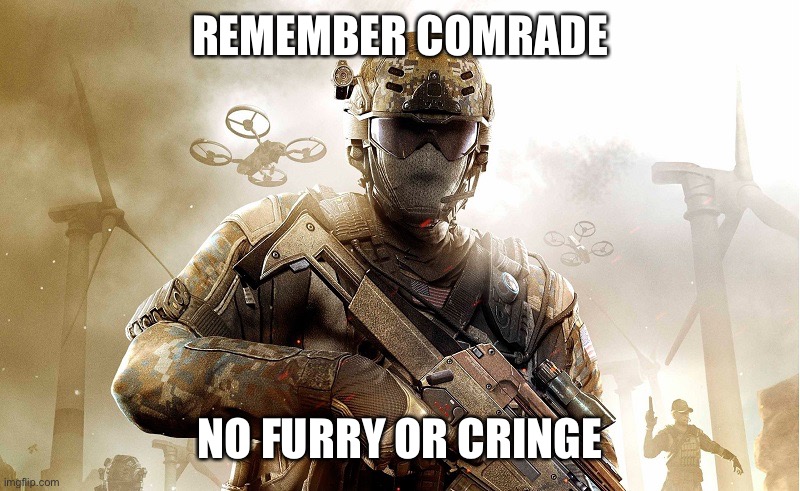 No cringe no Furrys | REMEMBER COMRADE; NO FURRY OR CRINGE | image tagged in call of duty guy | made w/ Imgflip meme maker
