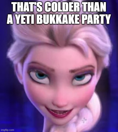 The Cold Never Bothered Me Anyway - Elsa | THAT'S COLDER THAN A YETI BUKKAKE PARTY | image tagged in the cold never bothered me anyway - elsa | made w/ Imgflip meme maker