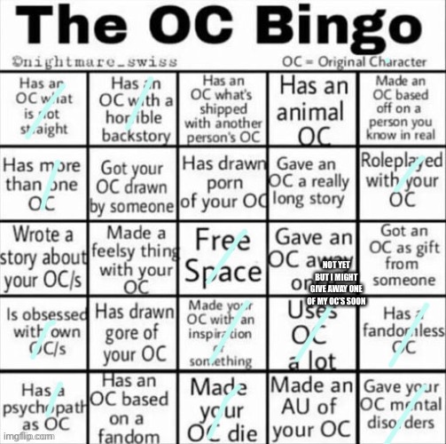 Ah yes- | NOT YET BUT I MIGHT GIVE AWAY ONE OF MY OC’S SOON | image tagged in the oc bingo | made w/ Imgflip meme maker