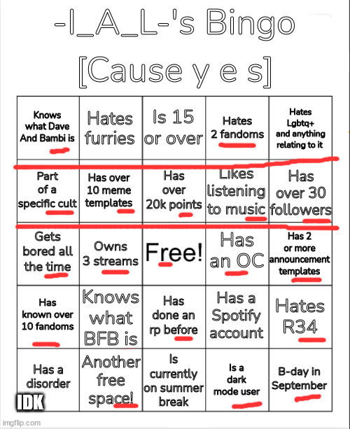 cool | IDK | image tagged in -i_a_l-'s bingo | made w/ Imgflip meme maker