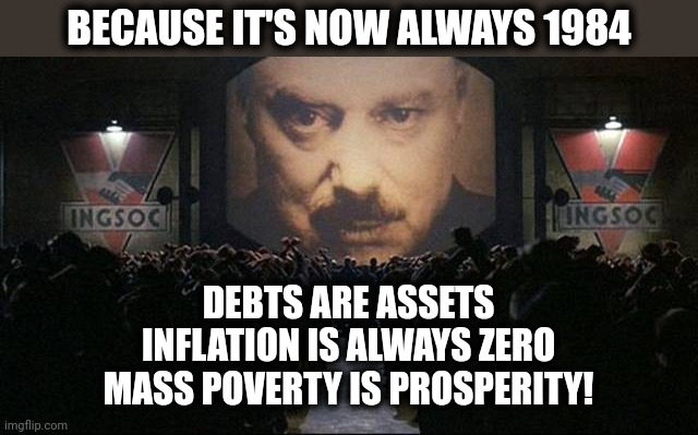 Big Brother 1984 | BECAUSE IT'S NOW ALWAYS 1984 DEBTS ARE ASSETS
INFLATION IS ALWAYS ZERO
MASS POVERTY IS PROSPERITY! | image tagged in big brother 1984 | made w/ Imgflip meme maker