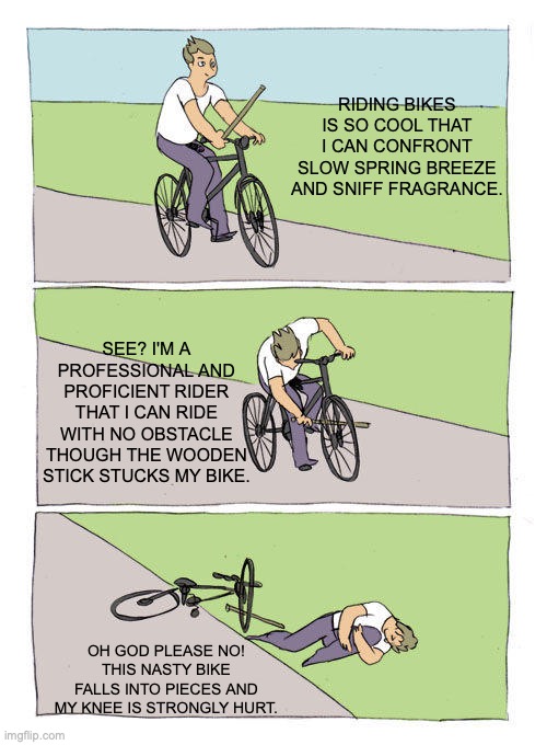 DON'T PLAY FIRE! | RIDING BIKES IS SO COOL THAT I CAN CONFRONT SLOW SPRING BREEZE AND SNIFF FRAGRANCE. SEE? I'M A PROFESSIONAL AND PROFICIENT RIDER THAT I CAN RIDE WITH NO OBSTACLE THOUGH THE WOODEN STICK STUCKS MY BIKE. OH GOD PLEASE NO! THIS NASTY BIKE FALLS INTO PIECES AND MY KNEE IS STRONGLY HURT. | image tagged in memes,bike fall | made w/ Imgflip meme maker