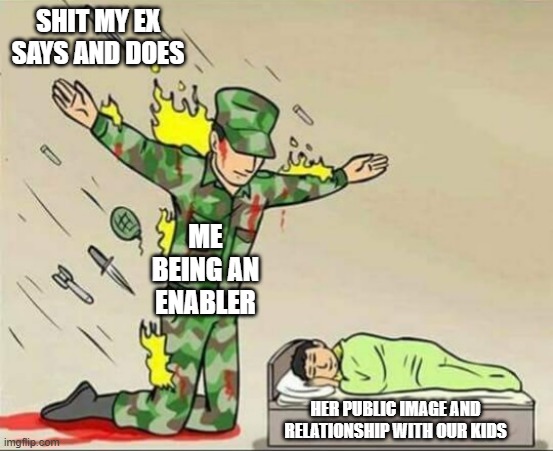 Enablers | SHIT MY EX SAYS AND DOES; ME BEING AN ENABLER; HER PUBLIC IMAGE AND RELATIONSHIP WITH OUR KIDS | image tagged in soldier protecting sleeping child | made w/ Imgflip meme maker