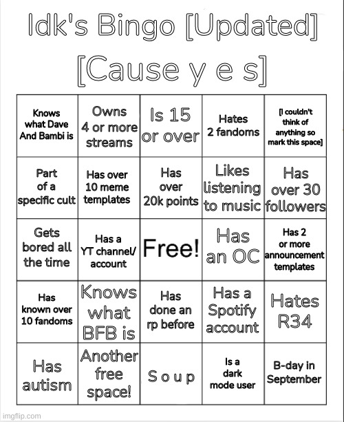 I updated my old bingo template [Link in the comments] | image tagged in idk's bingo updated version,idk,stuff,s o u p,carck | made w/ Imgflip meme maker
