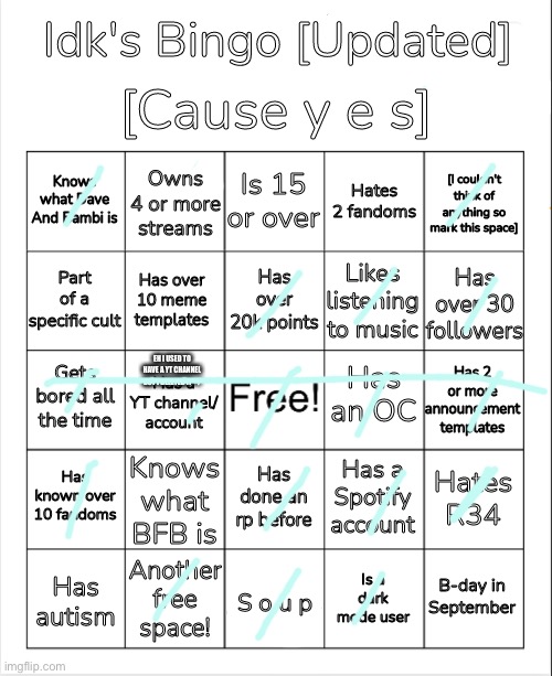 Yessir- (oh sh*t I forgot to mark the bfb) | EH I USED TO HAVE A YT CHANNEL BUT I DELETED IT =/ | image tagged in idk's bingo updated version | made w/ Imgflip meme maker