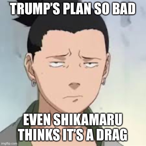 Trumps Plan? What A Drag | TRUMP’S PLAN SO BAD; EVEN SHIKAMARU THINKS IT’S A DRAG | image tagged in what a drag shikamaru,trump plain,memes,naruto,shikamaru,naruto shippuden | made w/ Imgflip meme maker