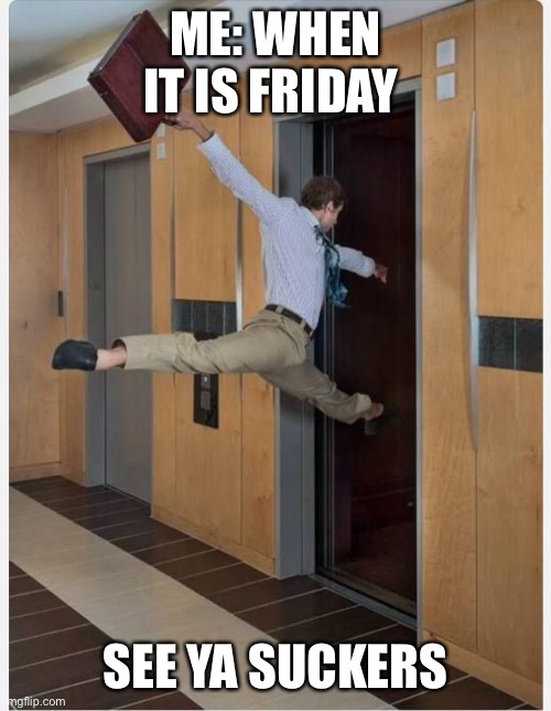 Me be like | ME: WHEN IT IS FRIDAY; SEE YA SUCKERS | image tagged in leaving on friday | made w/ Imgflip meme maker