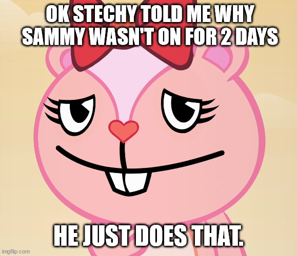 sammy just does that ig | OK STECHY TOLD ME WHY SAMMY WASN'T ON FOR 2 DAYS; HE JUST DOES THAT. | image tagged in shy giggles htf | made w/ Imgflip meme maker
