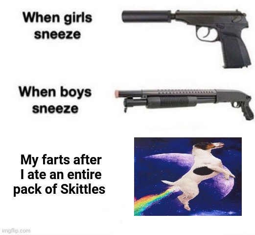 Rainbow farts | My farts after I ate an entire pack of Skittles | image tagged in when girls sneeze when boys sneeze,skittles,rainbow,farts,memes,taste the rainbow | made w/ Imgflip meme maker