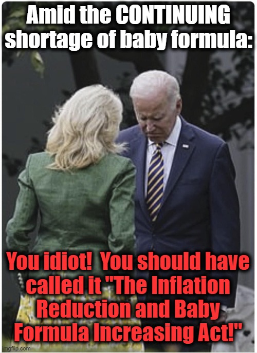 If playing make-believe makes it so | Amid the CONTINUING shortage of baby formula:; You idiot!  You should have
called it "The Inflation
Reduction and Baby
Formula Increasing Act!" | image tagged in jill scolds joe biden and he pouts,inflation,baby formula,democrats,make believe,inflation reduction act | made w/ Imgflip meme maker