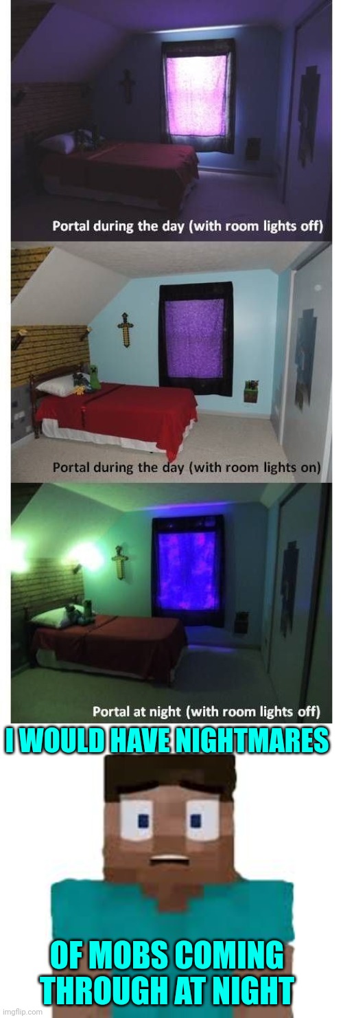 THAT'S AN AWESOME BEDROOM | I WOULD HAVE NIGHTMARES; OF MOBS COMING THROUGH AT NIGHT | image tagged in minecraft,minecraft memes,minecraft steve,nether,portal | made w/ Imgflip meme maker